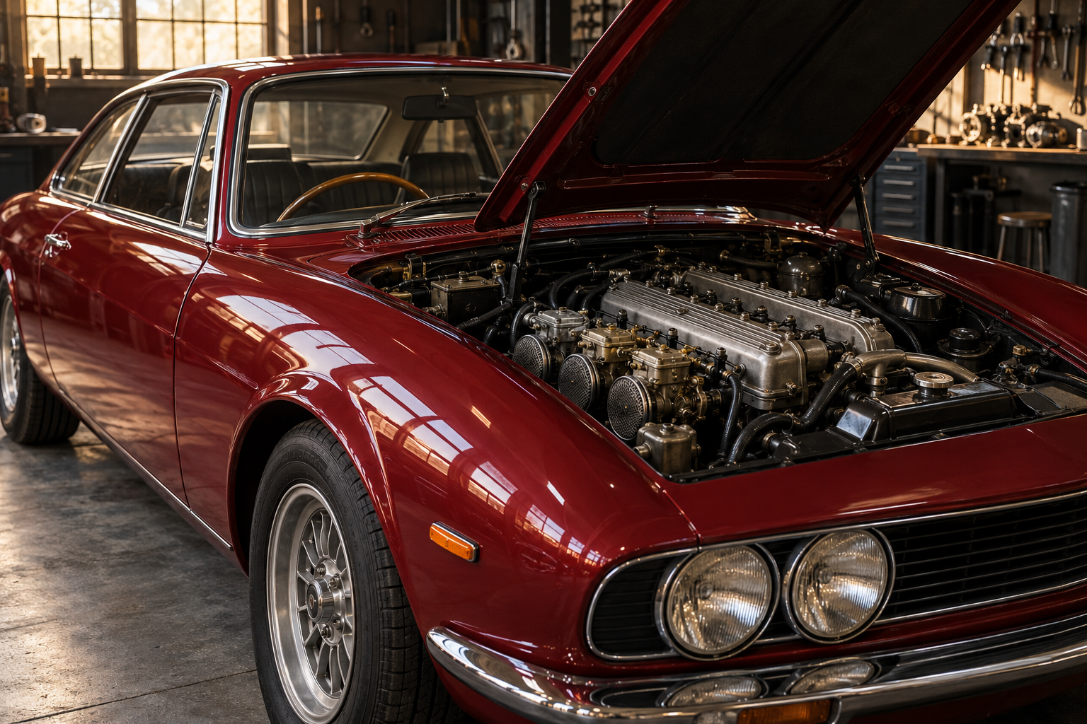 Illustration d’un coupé européen ancien rouge, capot ouvert dans un atelier